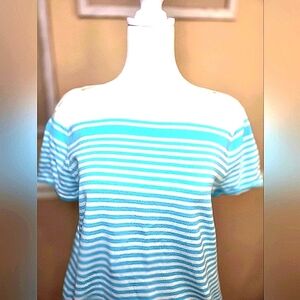 Talbots Striped Short Sleeve Round Neck T-Shirt Size Large White Aqua PETITES.